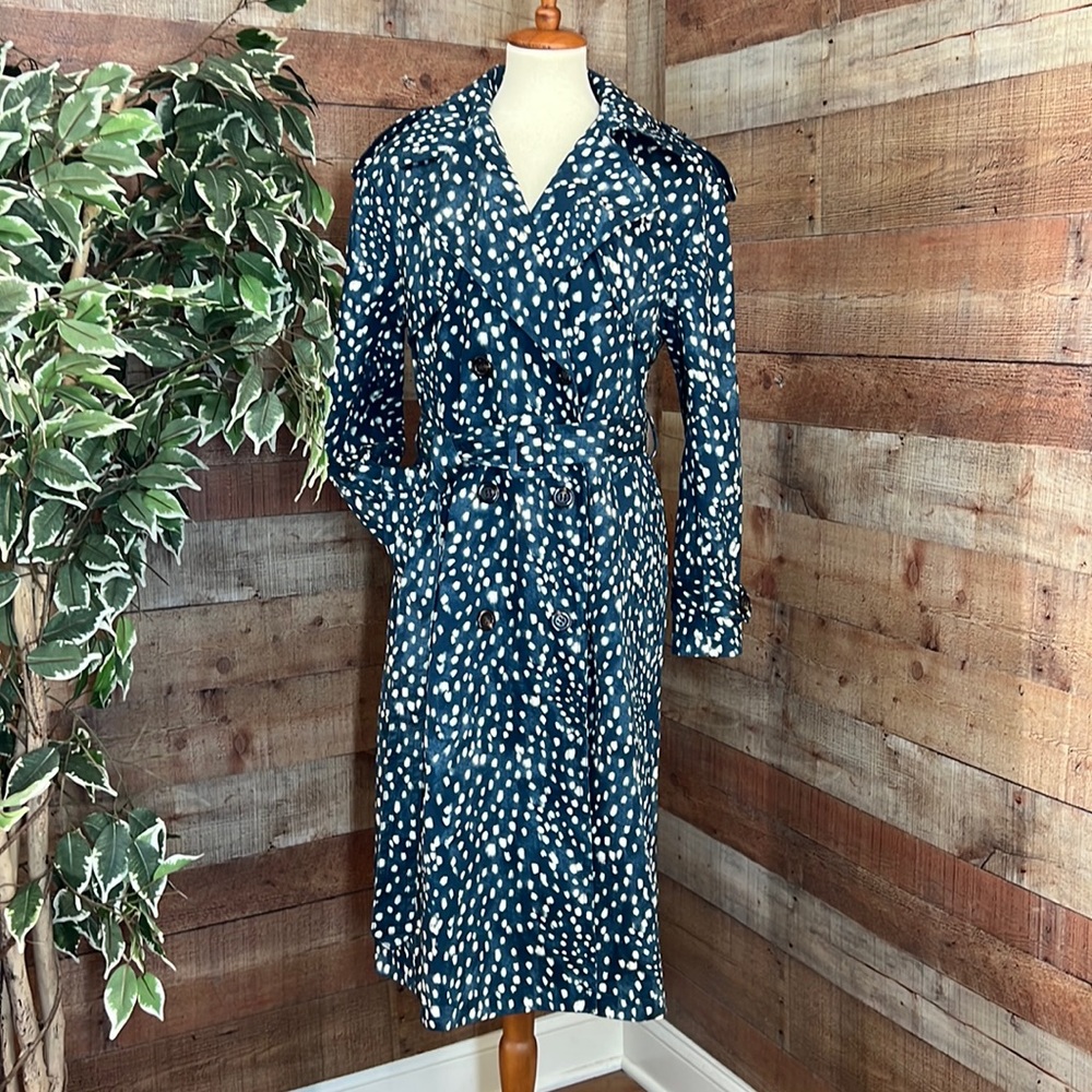 ANN TAYLOR Blue Ivory Blurred Spotted Double Breasted Trench Sz Small